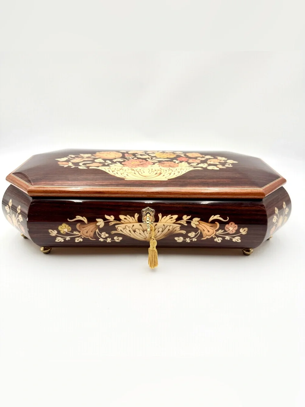 VTG Italian Inlaid Wood Jewelry Music Box Reuge Swiss Movement Double Layer 14”